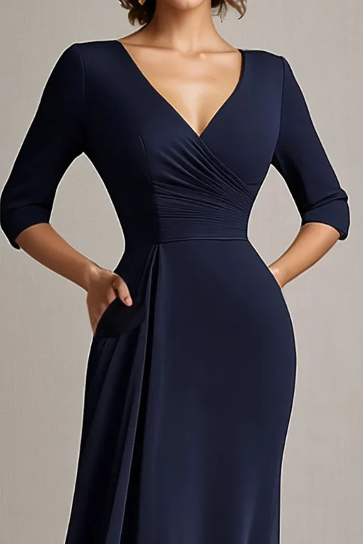 Navy A-Line Chiffon V-Neck Long Mother of the Bride Dress with Half Sleeves