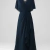 Navy A-Line V-Neck Asymmetrical Sequins Mother of the Bride Dress With Beading