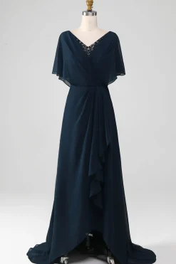 Navy A-Line V-Neck Asymmetrical Sequins Mother of the Bride Dress With Beading