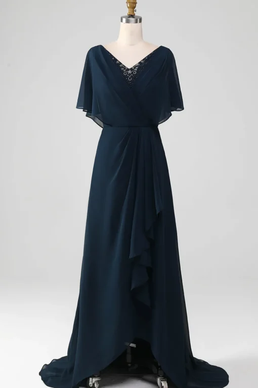 Navy A-Line V-Neck Asymmetrical Sequins Mother of the Bride Dress With Beading