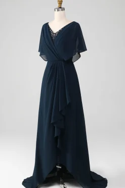 Navy A-Line V-Neck Asymmetrical Sequins Mother of the Bride Dress With Beading