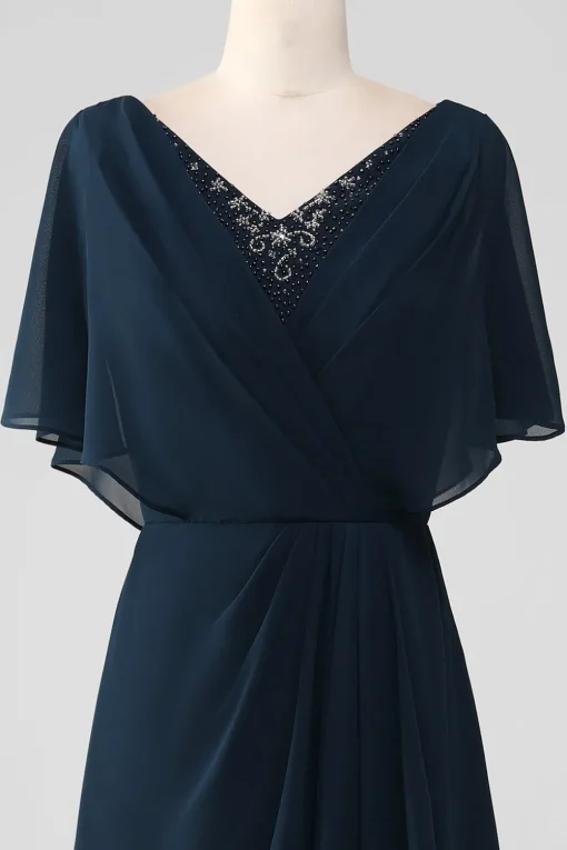 Navy A-Line V-Neck Asymmetrical Sequins Mother of the Bride Dress With Beading