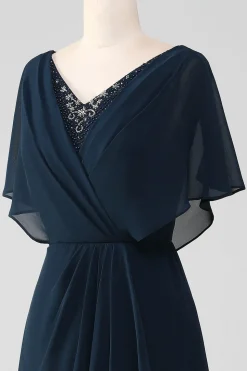 Navy A-Line V-Neck Asymmetrical Sequins Mother of the Bride Dress With Beading