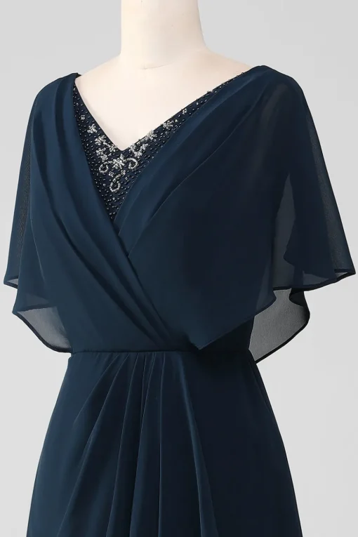 Navy A-Line V-Neck Asymmetrical Sequins Mother of the Bride Dress With Beading