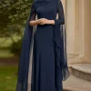 Navy Chiffon A Line Mother of Bride Dress with Flutter Sleeves