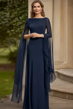 Navy Chiffon A Line Mother of Bride Dress with Flutter Sleeves