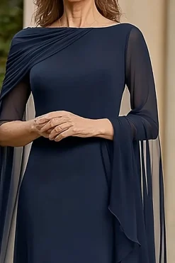 Navy Chiffon A Line Mother of Bride Dress with Flutter Sleeves