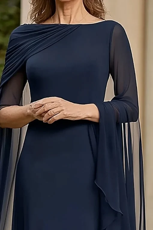 Navy Chiffon A Line Mother of Bride Dress with Flutter Sleeves