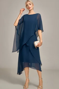 Navy Chiffon A-line Scoop Neck Mother of the Bride Dress