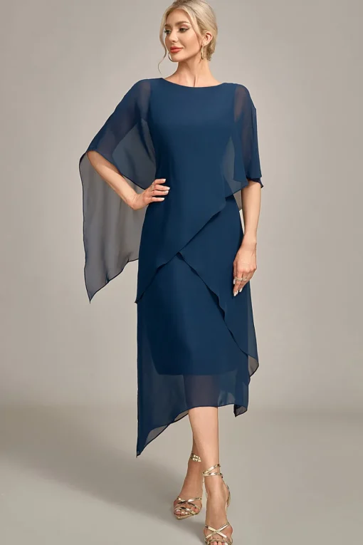 Navy Chiffon A-line Scoop Neck Mother of the Bride Dress