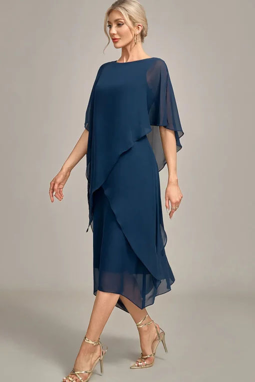 Navy Chiffon A-line Scoop Neck Mother of the Bride Dress