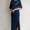 Navy Chiffon Sheath Bell Sleeve Mother of the Bride Dress