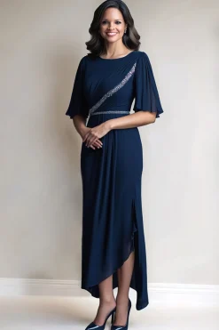 Navy Chiffon Sheath Bell Sleeve Mother of the Bride Dress