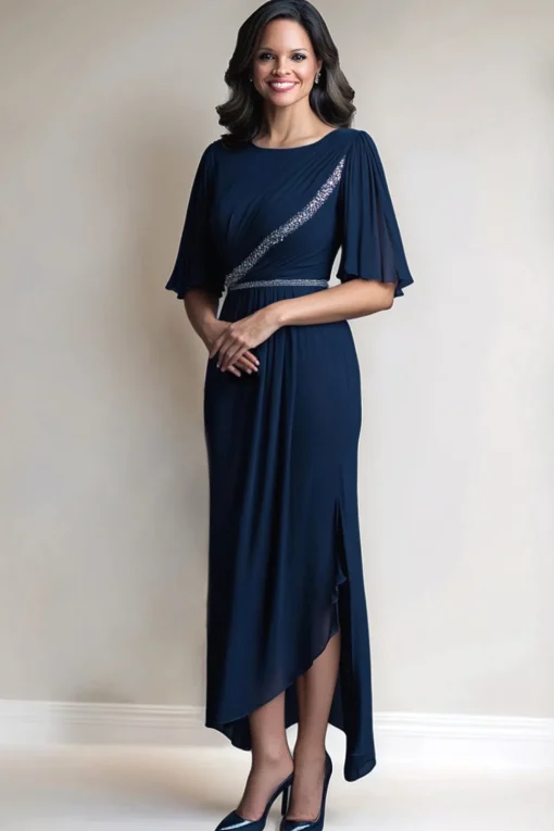 Navy Chiffon Sheath Bell Sleeve Mother of the Bride Dress