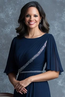 Navy Chiffon Sheath Bell Sleeve Mother of the Bride Dress