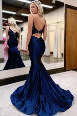 Navy Mermaid Appliques Long Prom Dress with Slit