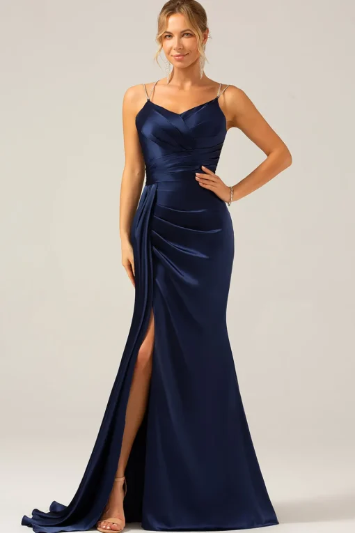 Navy Mermaid Ruched Long Prom Dress with Slit