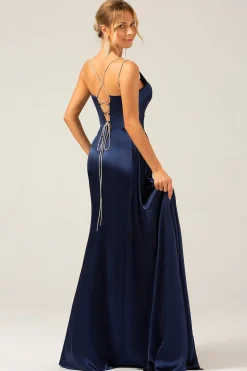 Navy Mermaid Ruched Long Prom Dress with Slit