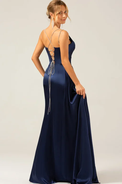 Navy Mermaid Ruched Long Prom Dress with Slit