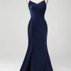 Navy Mermaid Spaghetti Straps Pleated Corset Long Prom Dress With Slit