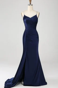 Navy Mermaid Spaghetti Straps Pleated Corset Long Prom Dress With Slit