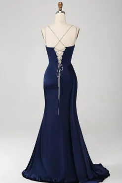 Navy Mermaid Spaghetti Straps Pleated Corset Long Prom Dress With Slit