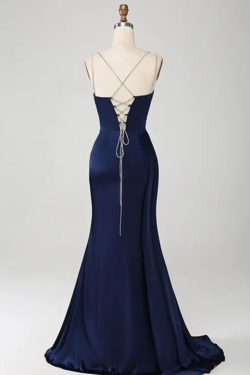 Navy Mermaid Spaghetti Straps Pleated Corset Long Prom Dress With Slit