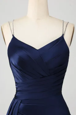 Navy Mermaid Spaghetti Straps Pleated Corset Long Prom Dress With Slit