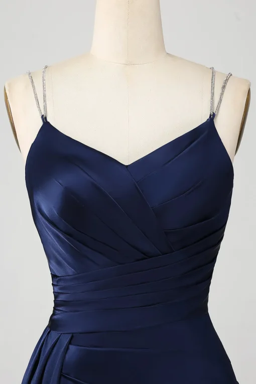 Navy Mermaid Spaghetti Straps Pleated Corset Long Prom Dress With Slit