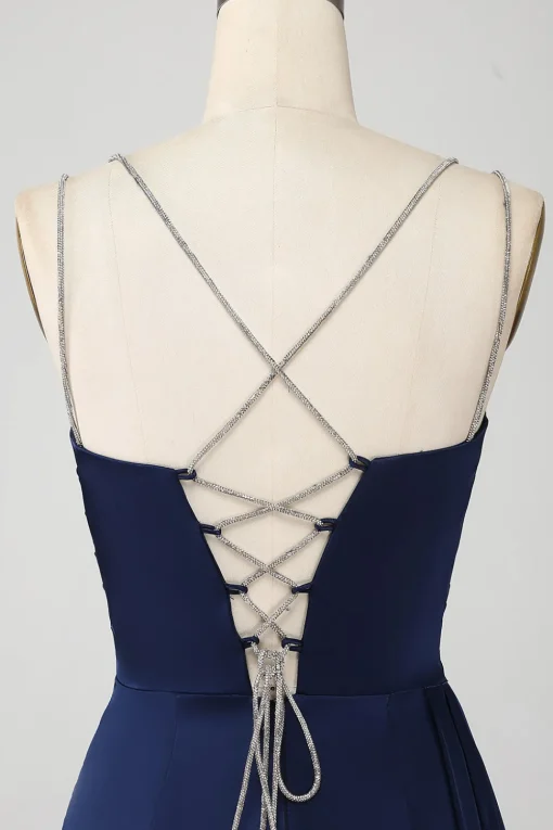 Navy Mermaid Spaghetti Straps Pleated Corset Long Prom Dress With Slit