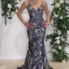 Navy Mermaid Sparkly Sequins Floral Print Long Prom Dress