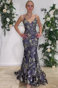 Navy Mermaid Sparkly Sequins Floral Print Long Prom Dress