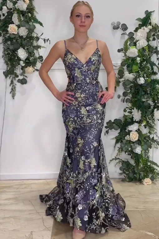 Navy Mermaid Sparkly Sequins Floral Print Long Prom Dress