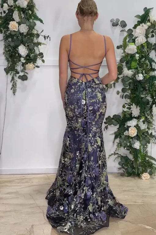 Navy Mermaid Sparkly Sequins Floral Print Long Prom Dress