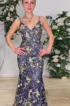 Navy Mermaid Sparkly Sequins Floral Print Long Prom Dress
