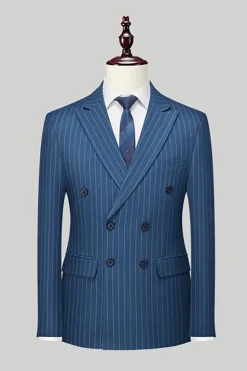 Navy Pinstriped Peak Lapel 3 Piece Men's Formal Suits