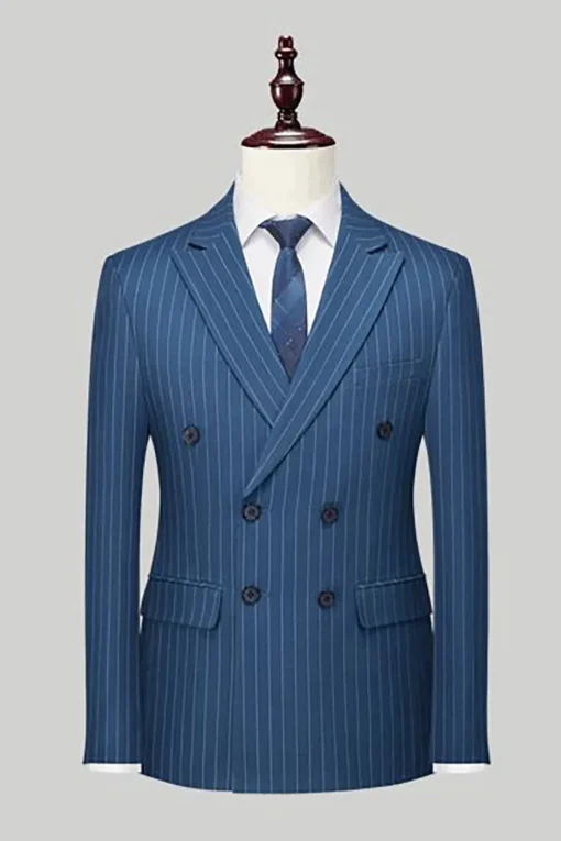 Navy Pinstriped Peak Lapel 3 Piece Men's Formal Suits