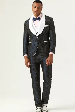 Navy Polka Dots Shawl Lapel 3 Piece Men's Prom Suits