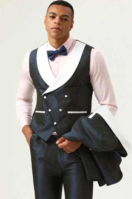 Navy Polka Dots Shawl Lapel 3 Piece Men's Prom Suits