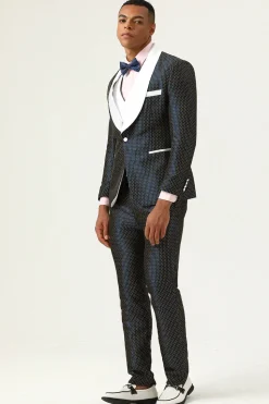 Navy Polka Dots Shawl Lapel 3 Piece Men's Prom Suits