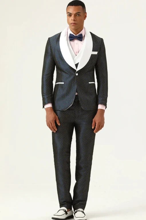 Navy Polka Dots Shawl Lapel 3 Piece Men's Prom Suits