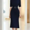 Navy Polo Collar Mediumsleeves Midi Formal Dress