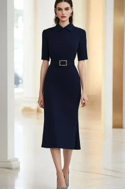 Navy Polo Collar Mediumsleeves Midi Formal Dress