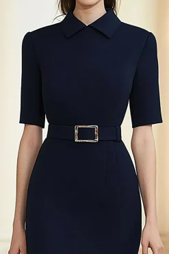 Navy Polo Collar Mediumsleeves Midi Formal Dress