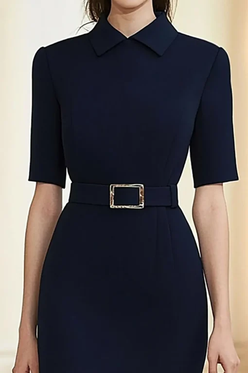 Navy Polo Collar Mediumsleeves Midi Formal Dress