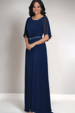 Navy Round Neck Chiffon Mother of the Bride Dress with Short Sleeves