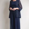 Navy Round Neck Sequin 2 Piece Mother Pant Suits with Appliques