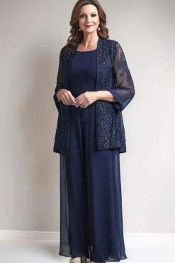 Navy Round Neck Sequin 2 Piece Mother Pant Suits with Appliques