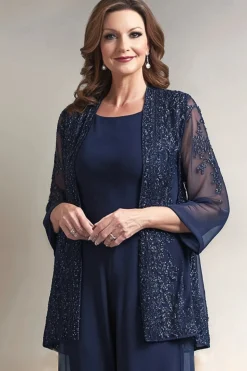Navy Round Neck Sequin 2 Piece Mother Pant Suits with Appliques