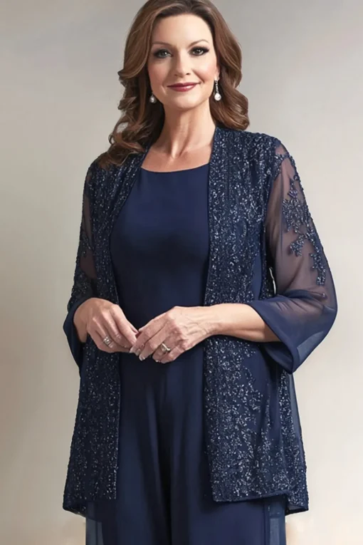 Navy Round Neck Sequin 2 Piece Mother Pant Suits with Appliques
